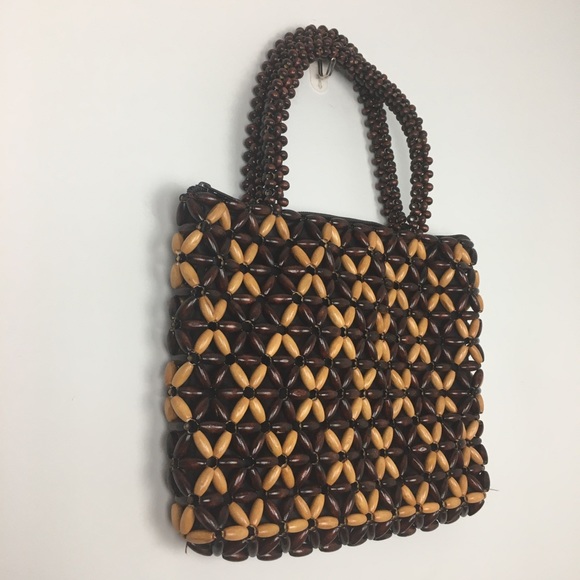 Brown Natural Stained Wooden Bead Bag Purse Boho Retro - Picture 8 of 9